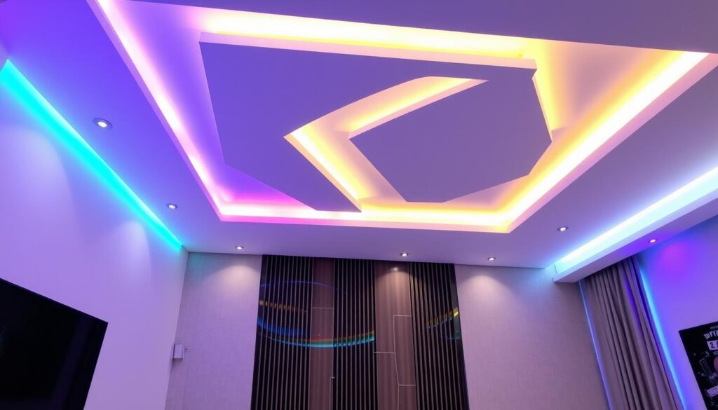 تصميم عصري لسقف جبس بورد مع إضاءة LED ملونة في منزل كويتي