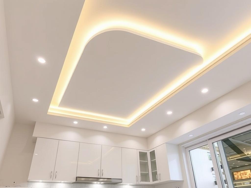 جبس بورد للمطبخ مع إضاءة مخفية وتصميم عملي