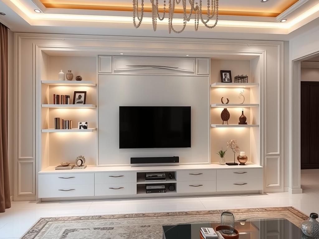 جدار جبس بورد مصمم لشاشة تلفزيون في صالة منزل كويتي