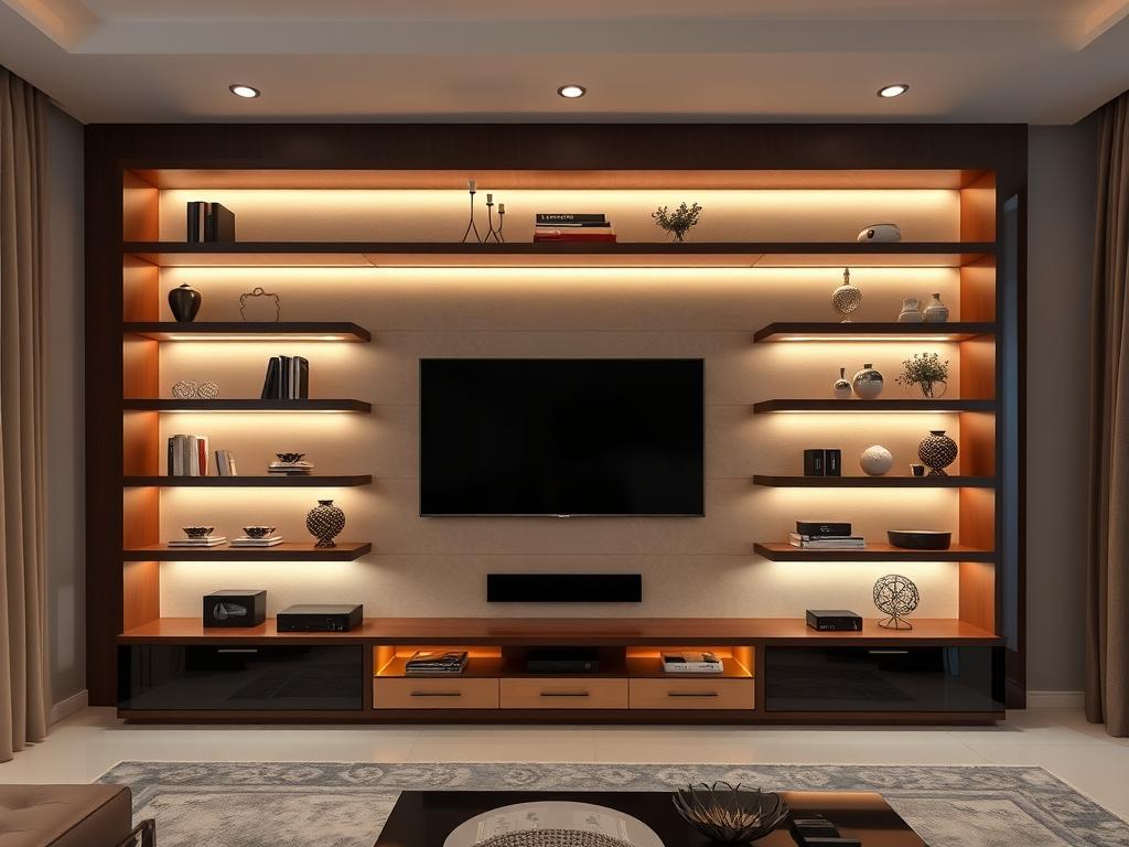 جدار جبس بورد مصمم لشاشة تلفزيون مع رفوف وإضاءة