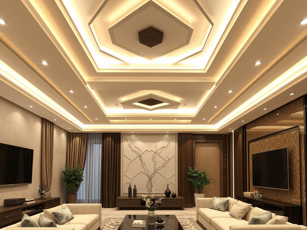 سقف جبس بورد عصري متعدد المستويات مع إضاءة مخفية