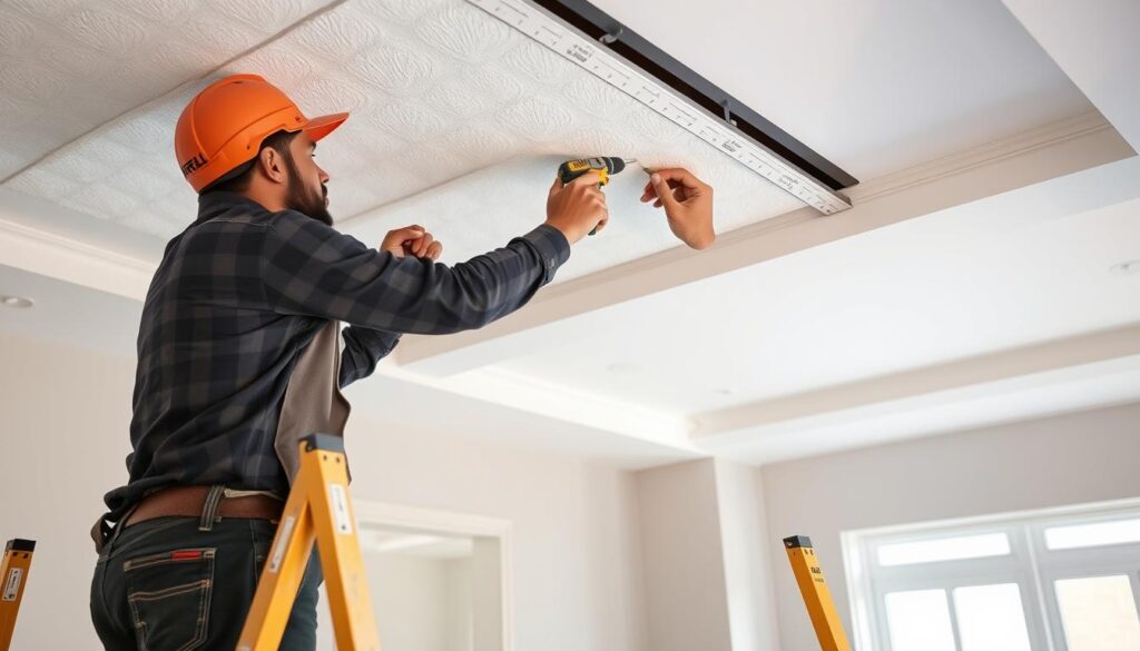 معلم جبس بورد يستخدم أدوات متخصصة في تركيب سقف معلق