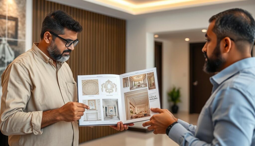 معلم جبس بورد يعرض نماذج من أعماله السابقة لعميل في الكويت